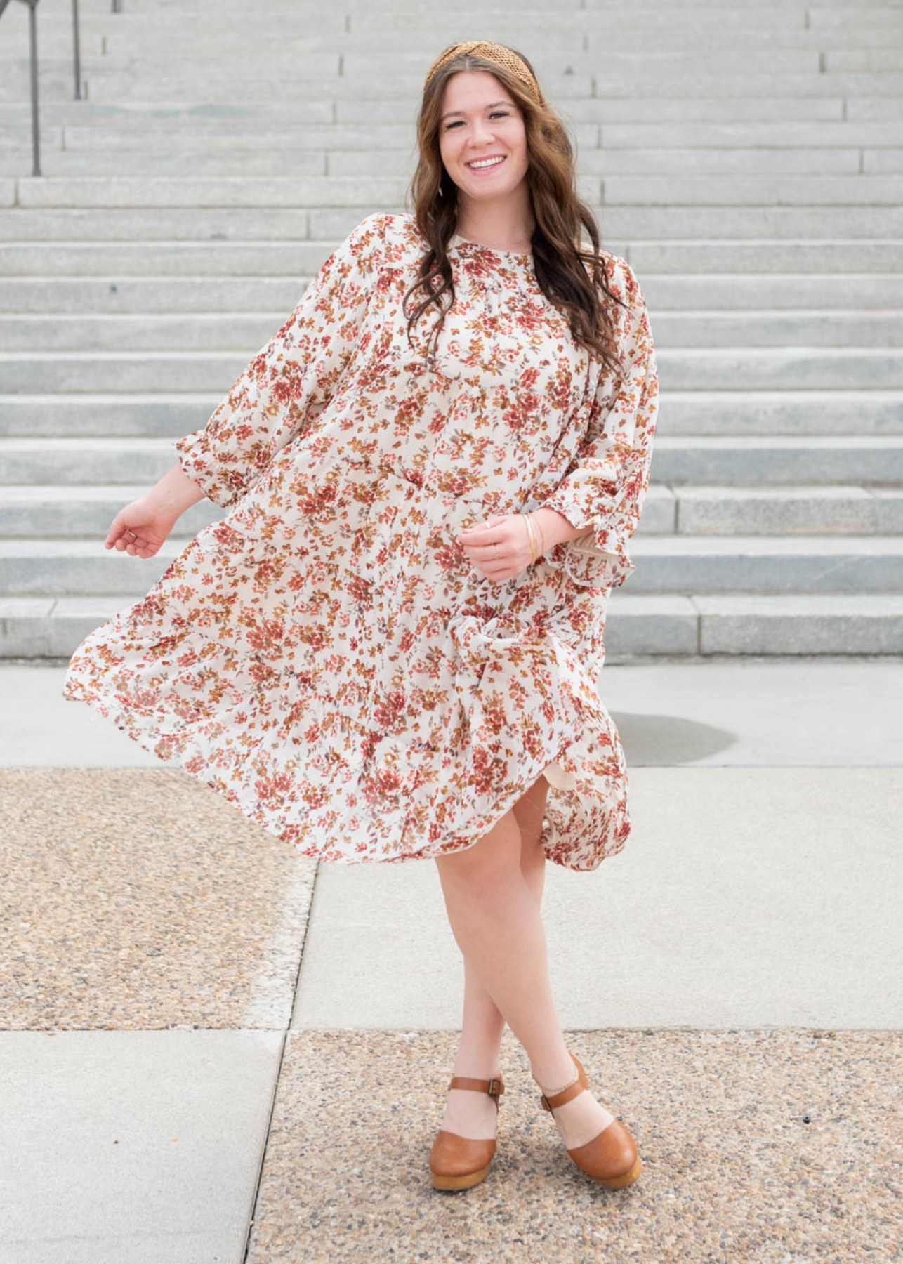 Long sleeve plus size cream floral tiered dress