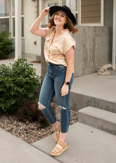 Short sleeve button up khaki top