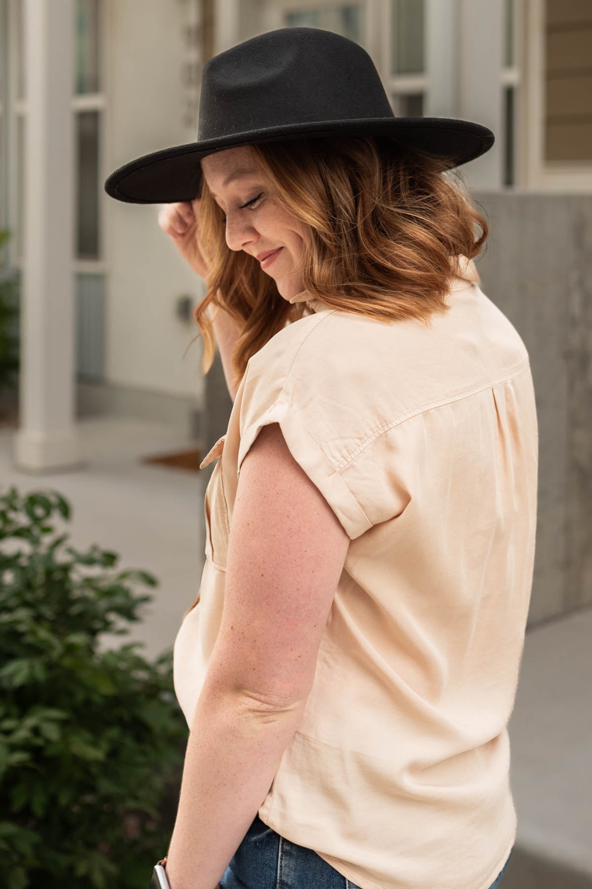 Side view of a khaki top