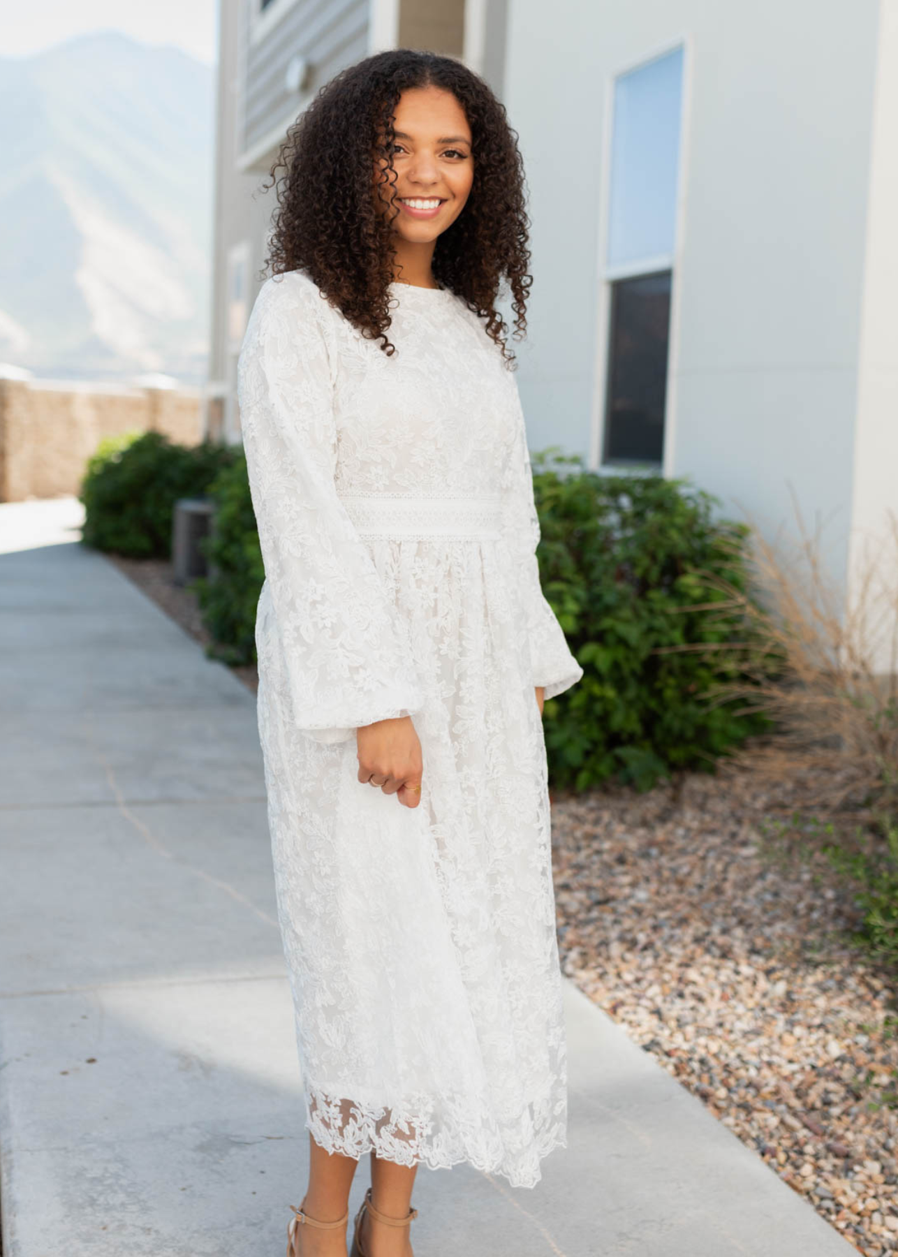 Long sleeve white floral embroidered dress