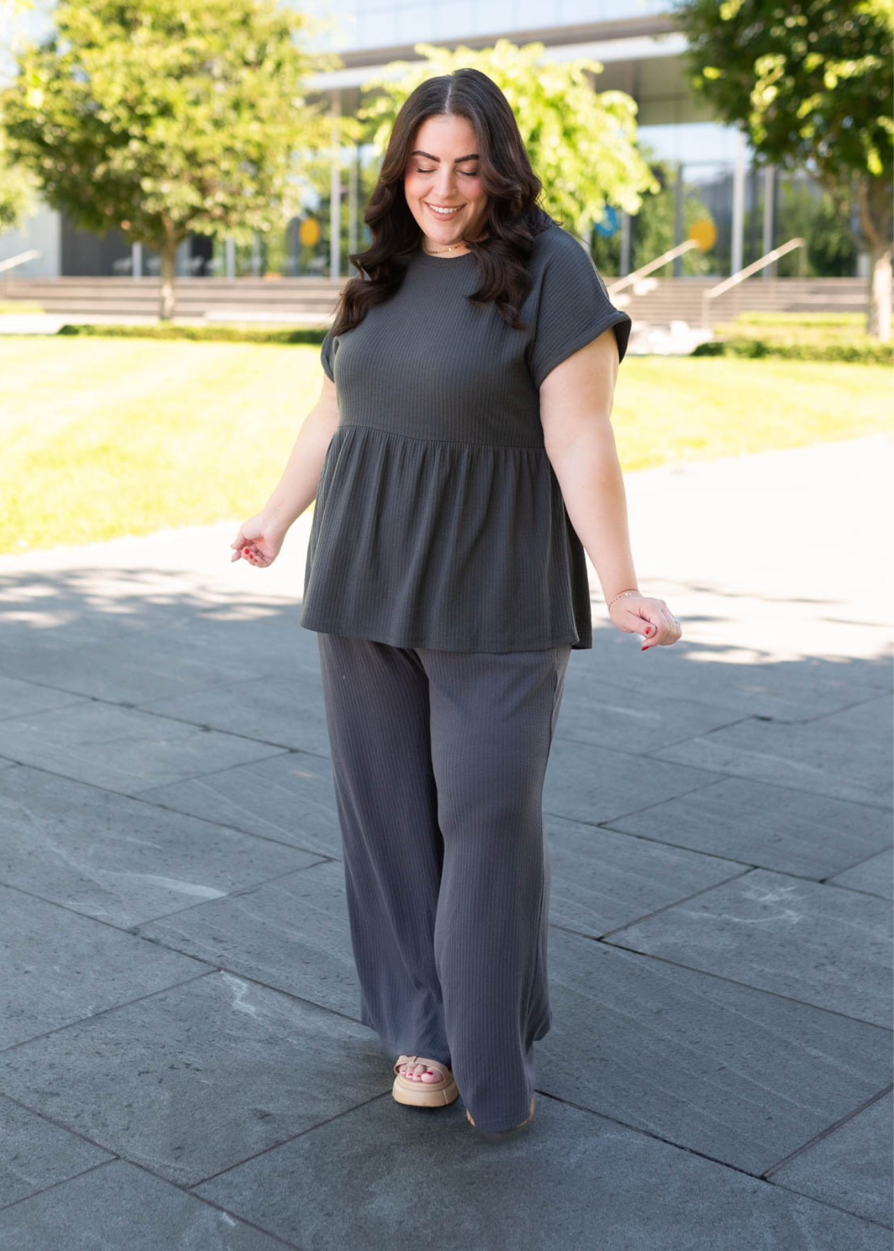 Wide leg charcoal rib knit pants