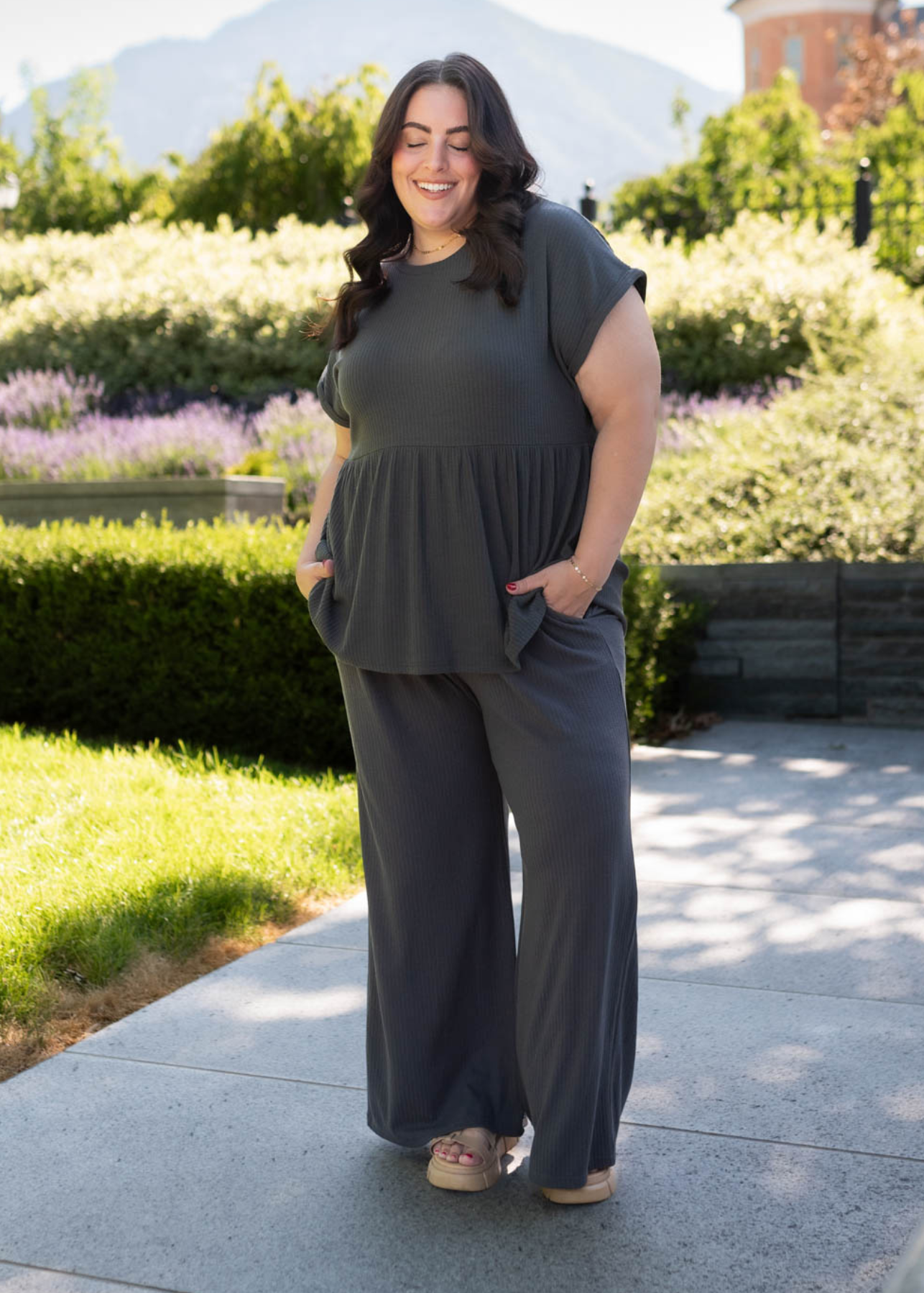 Plus size peplum charcoal rib knit top