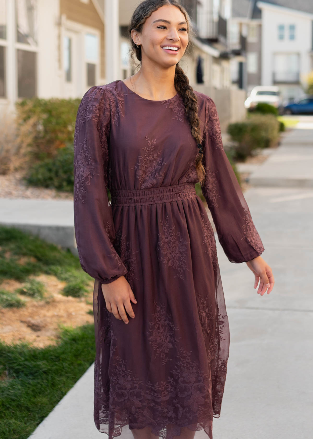 Tiana Dusty Plum Embroidred Chiffon Dress