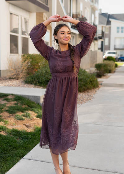 Dusty plum embroidered chiffon dress