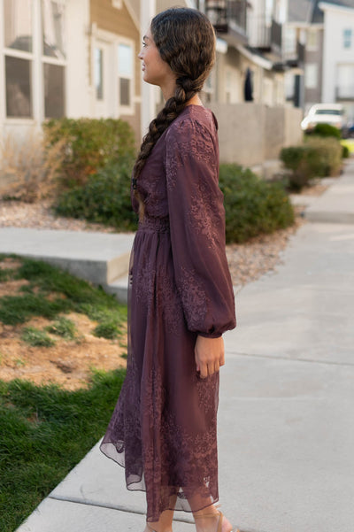 Side view of the dusty plum embroidered chiffon dress