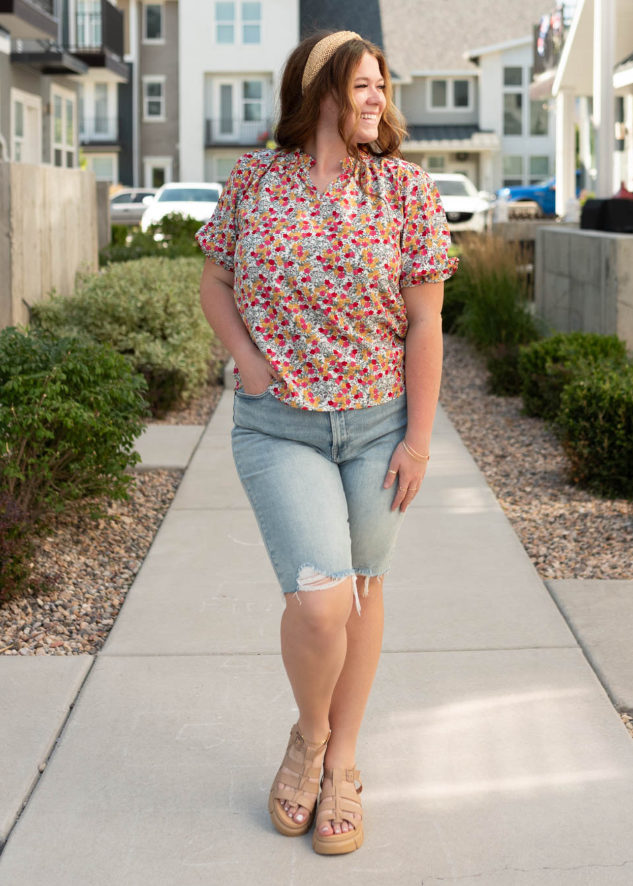 Slight puff sleeve plus size white multi floral top