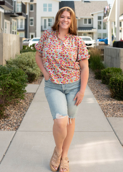 Plus size white multi floral top with short sleeves