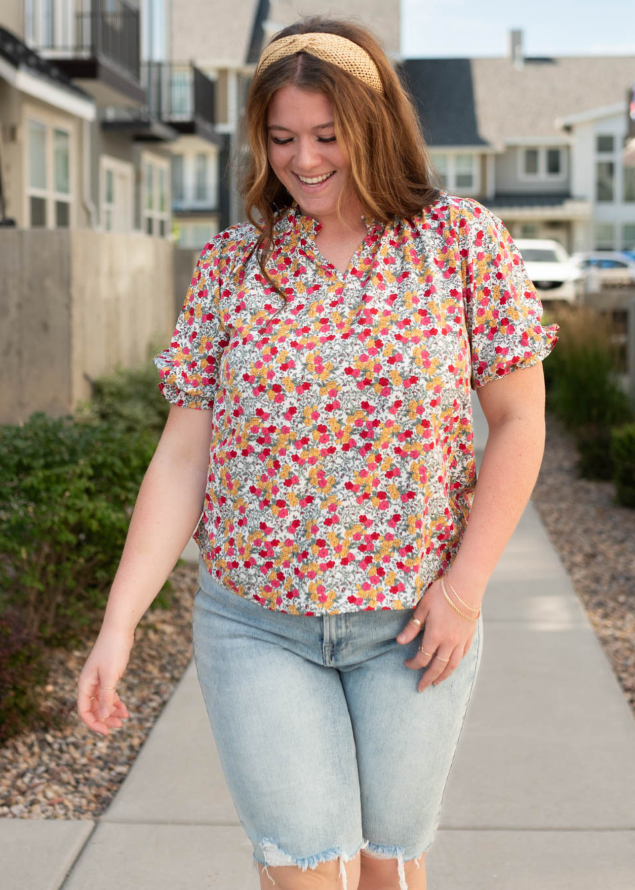 Short sleeve white multi floral top