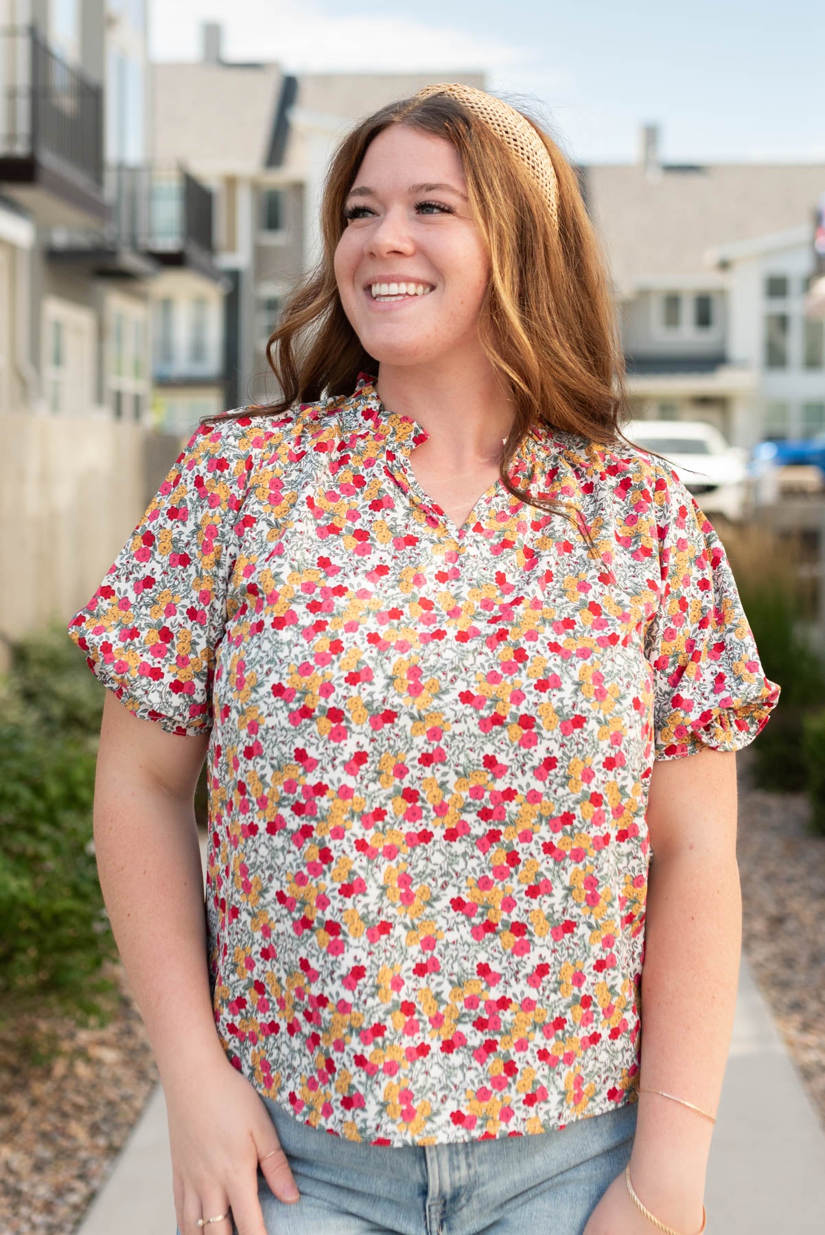 Short puff sleeve plus size white multi floral top