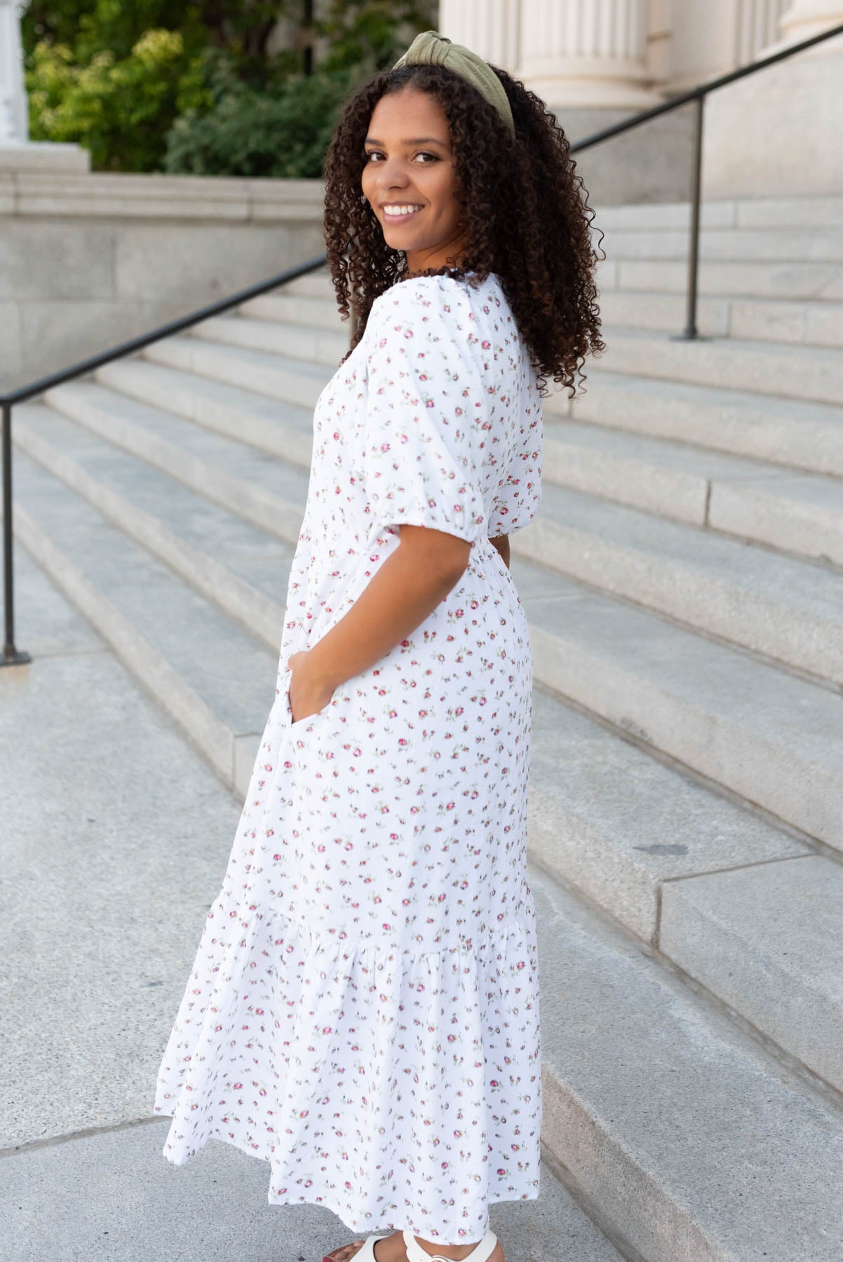 Side view of the white red floral dress