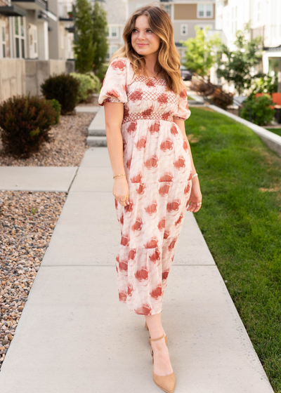 Rose floral tiered dress with puff sleeves and ruffle at the hem