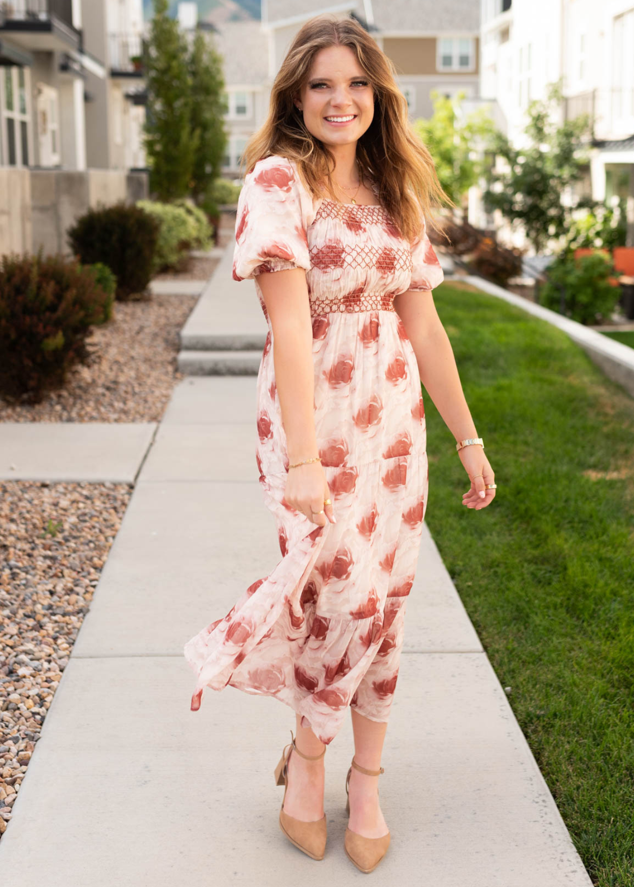 Rose floral tiered dress with embroidered smocking on the bust