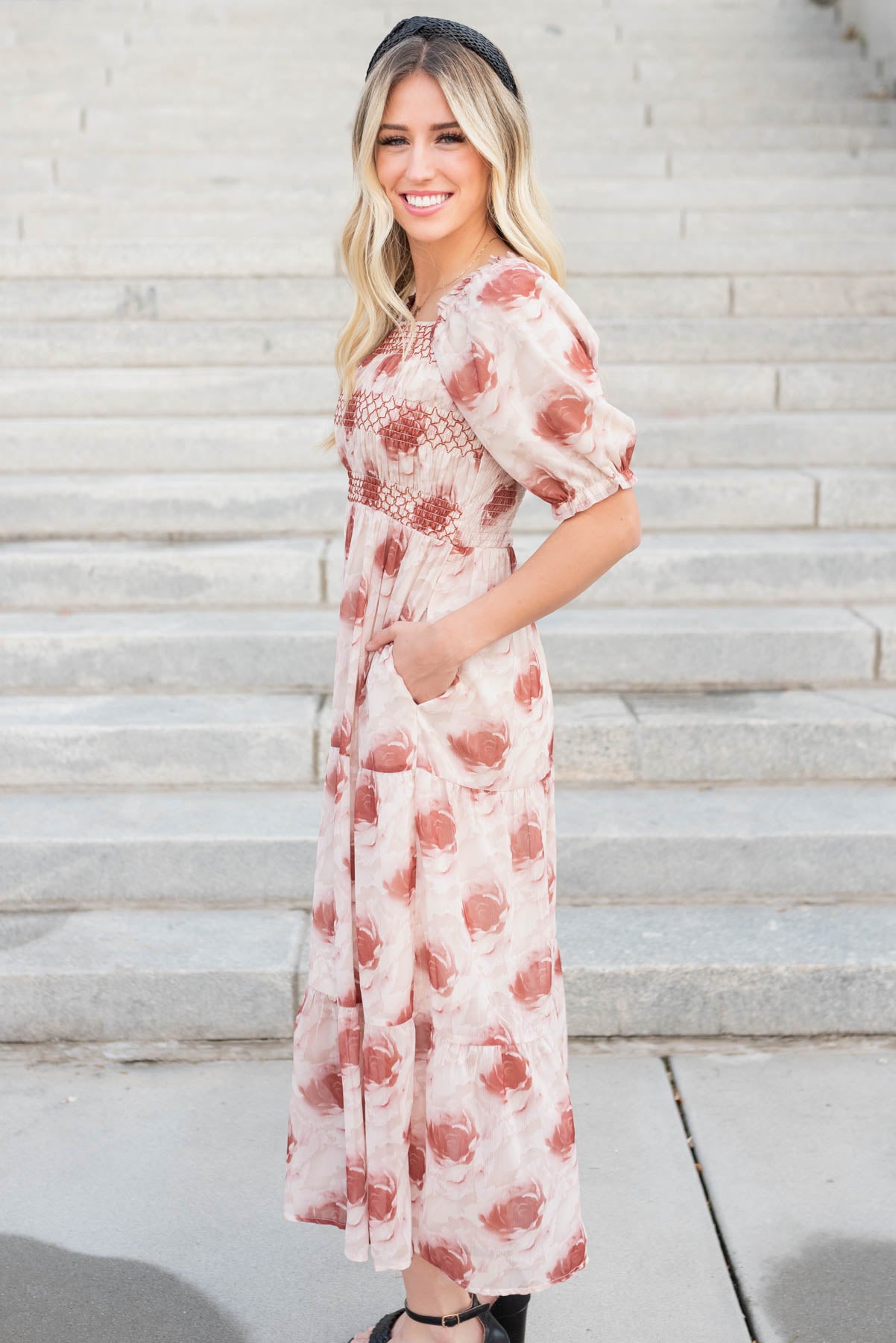 Side view of the rose floral tiered dress