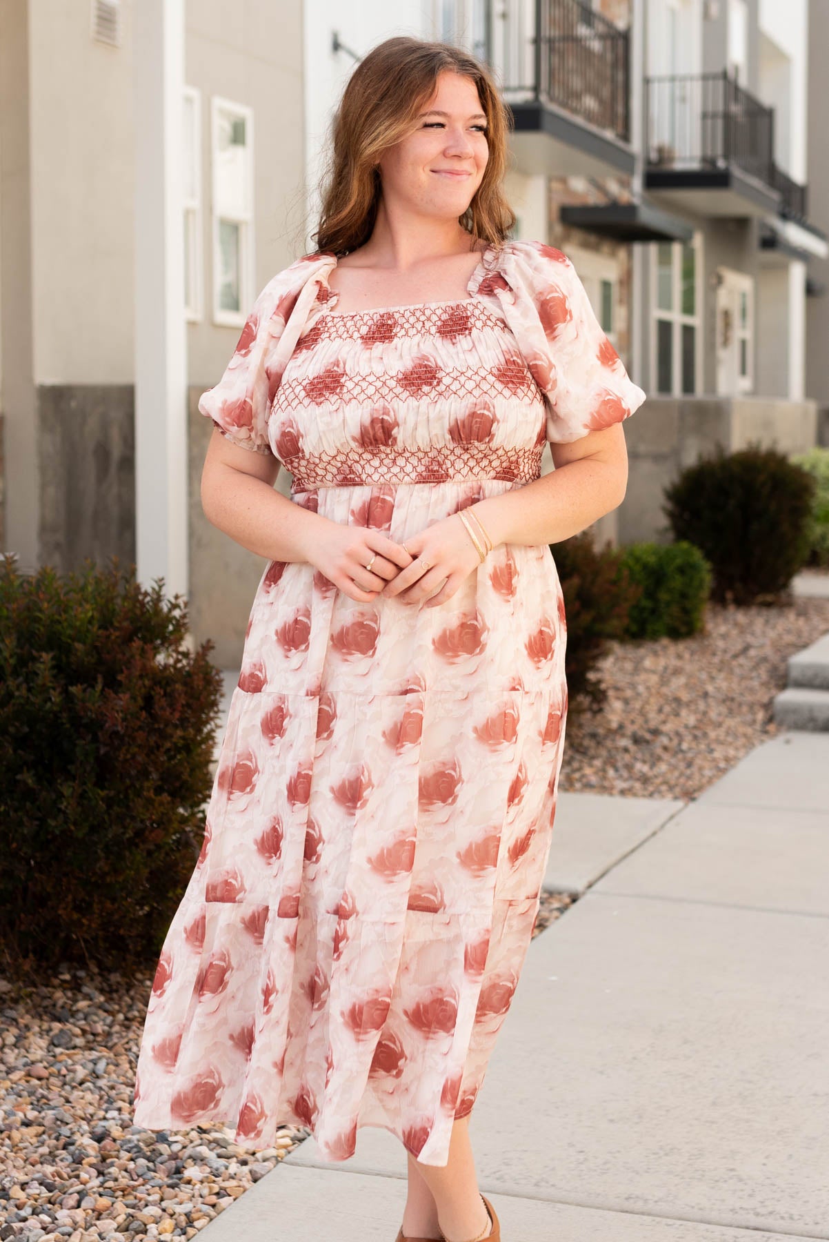 Rse floral tiered dress with embroidered smocked bodice