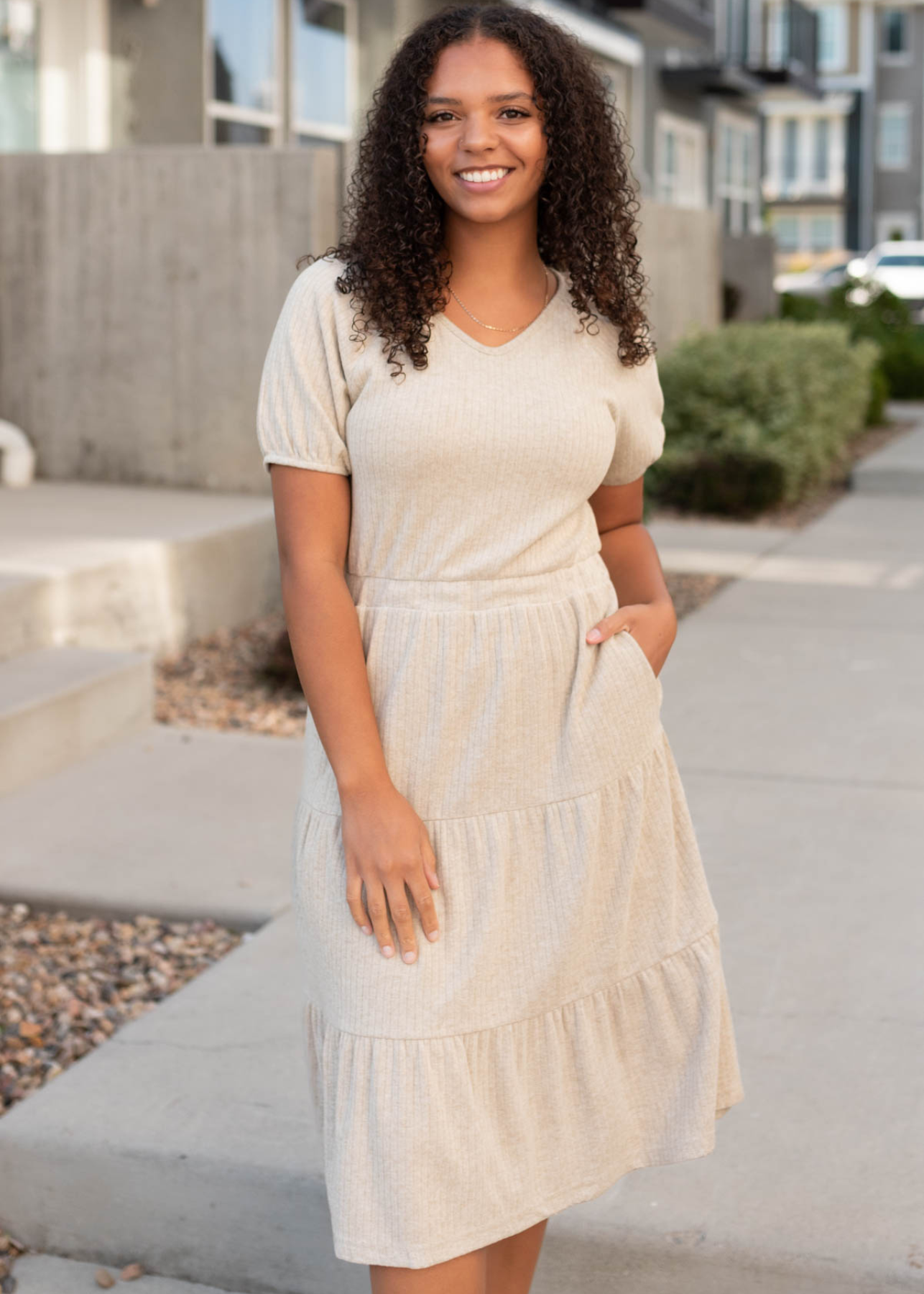 Short sleeve oatmeal ribbed dress