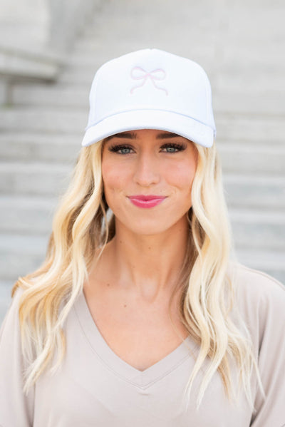 White embroidered bow hat