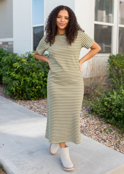 Short sleeve olive stripe t-shirt dress