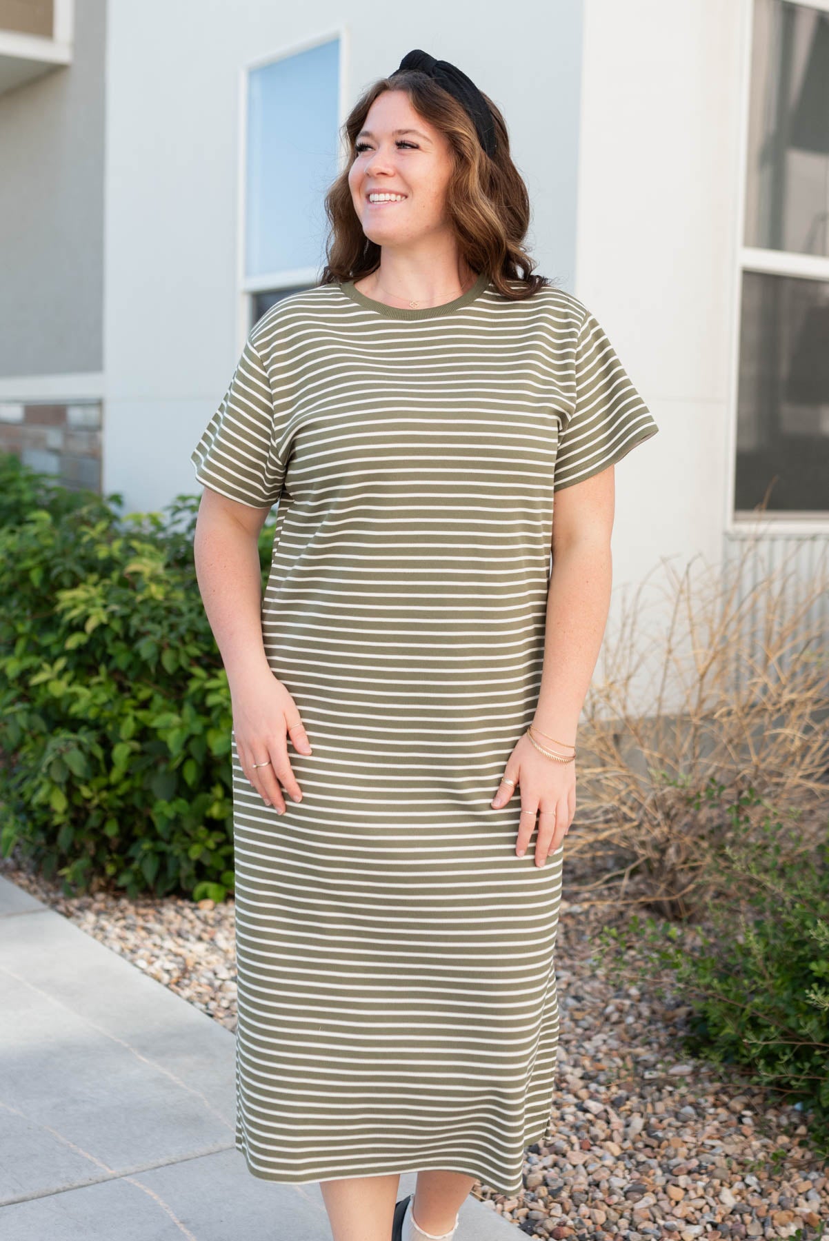 Plus size olive stirpe t-shirt dress with ivory stripes