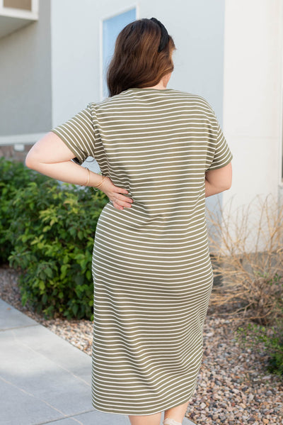 Back view of the plus size olive stripe t-shirt dress