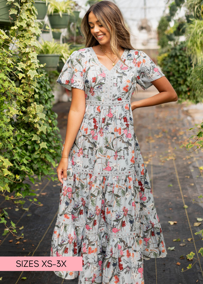 Blue floral tiered dress with short sleeves