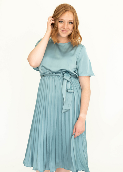 French blue short sleeve satin dress with pleated skirt