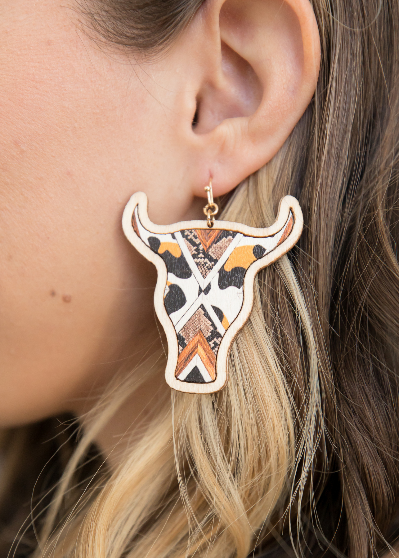 Bessie Wood Bull Head Drop Earrings