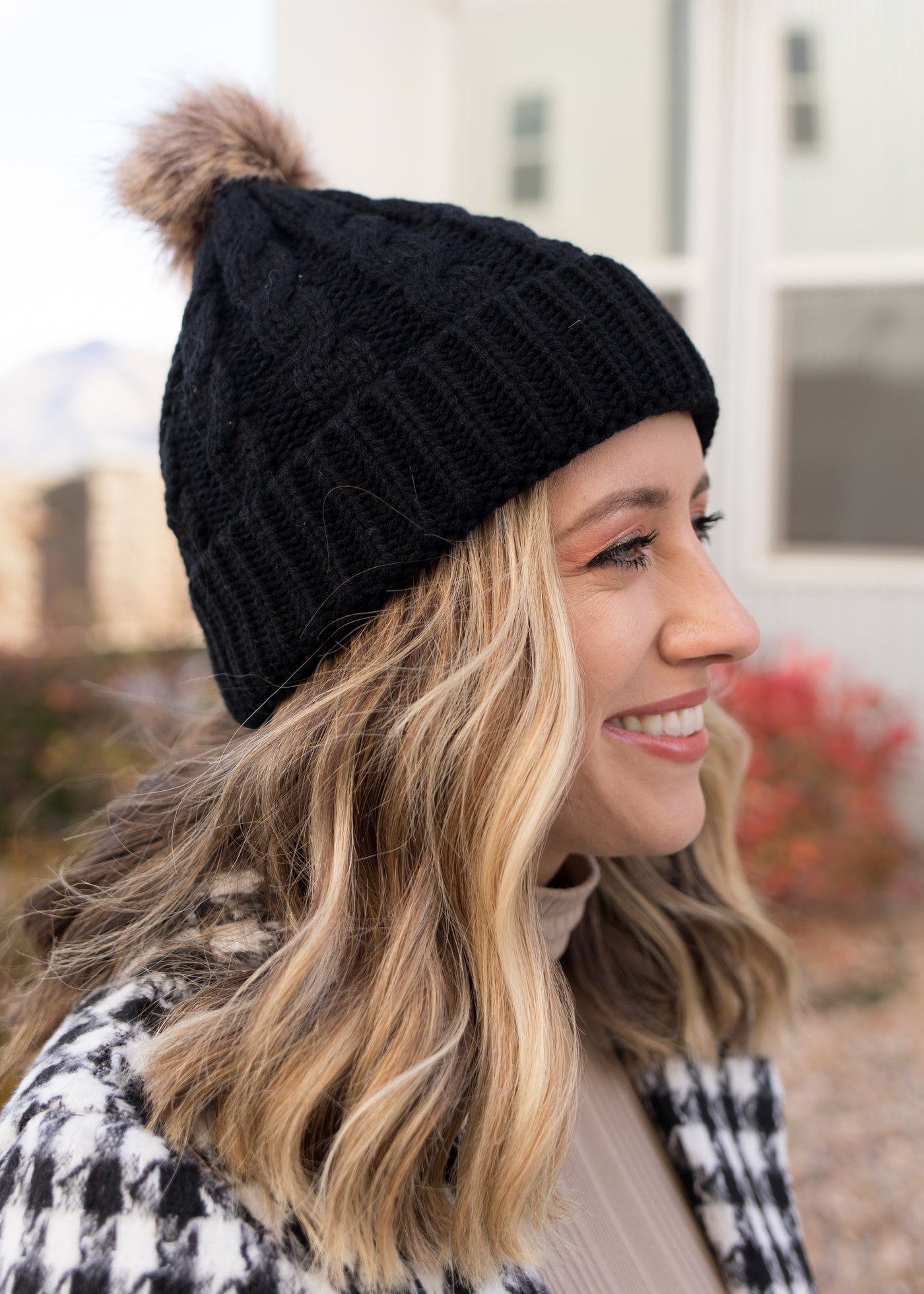 Emmie Black Knit Pom Pom Beanie