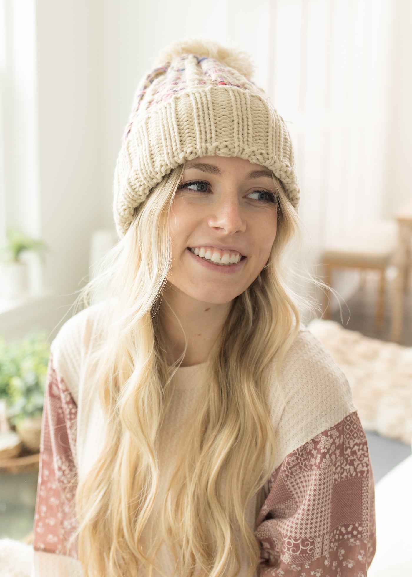 Kelly Beige Ombre Knit C.C Pom Pom Beanie