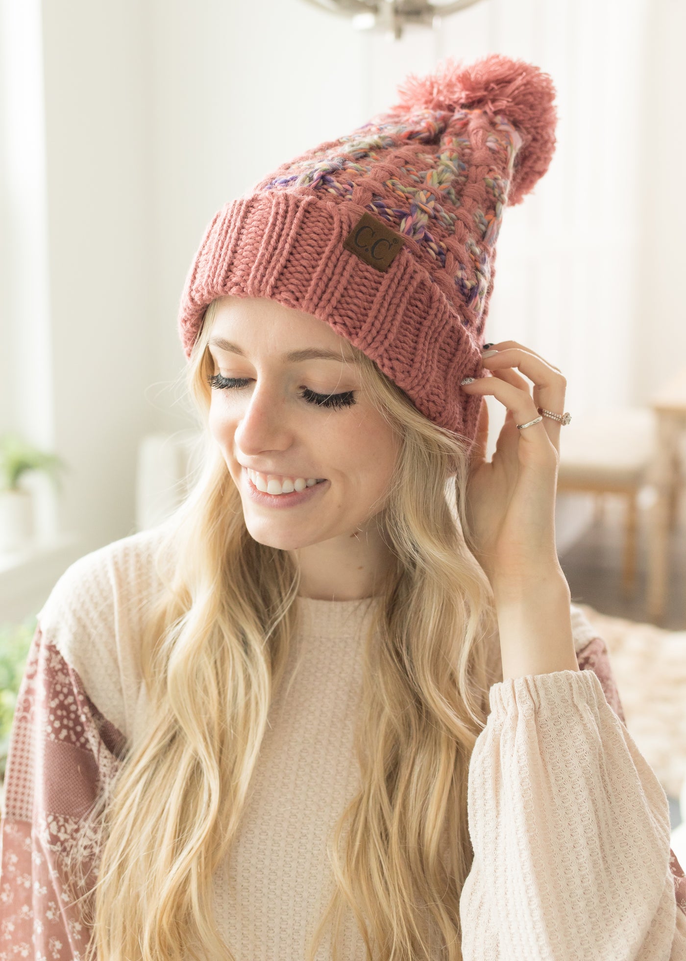 Kelly Mauve Ombre Knit C.C Pom Pom Beanie