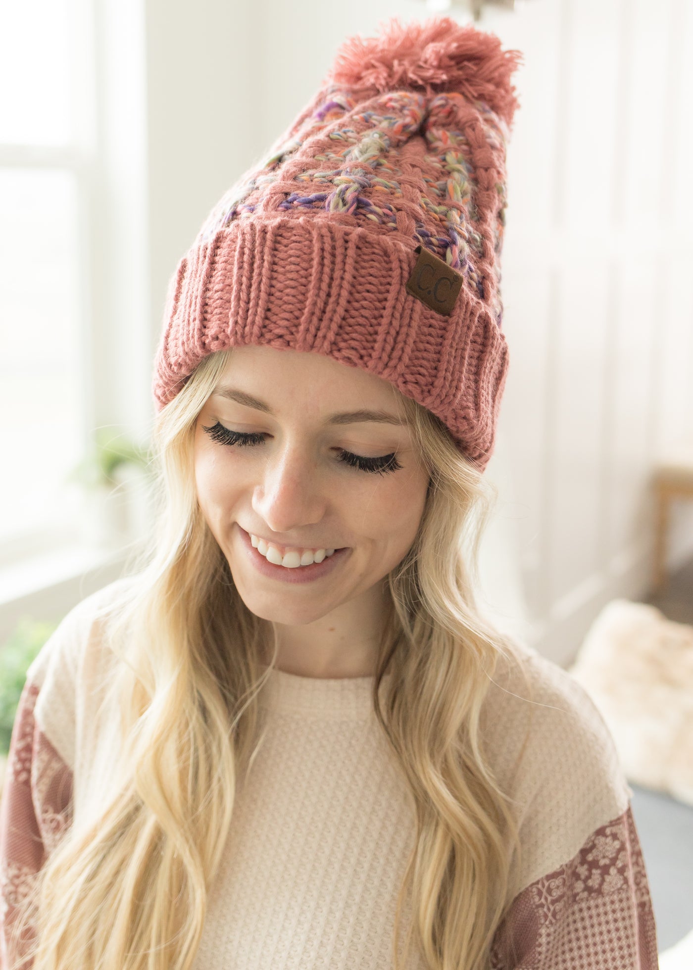 Kelly Mauve Ombre Knit C.C Pom Pom Beanie