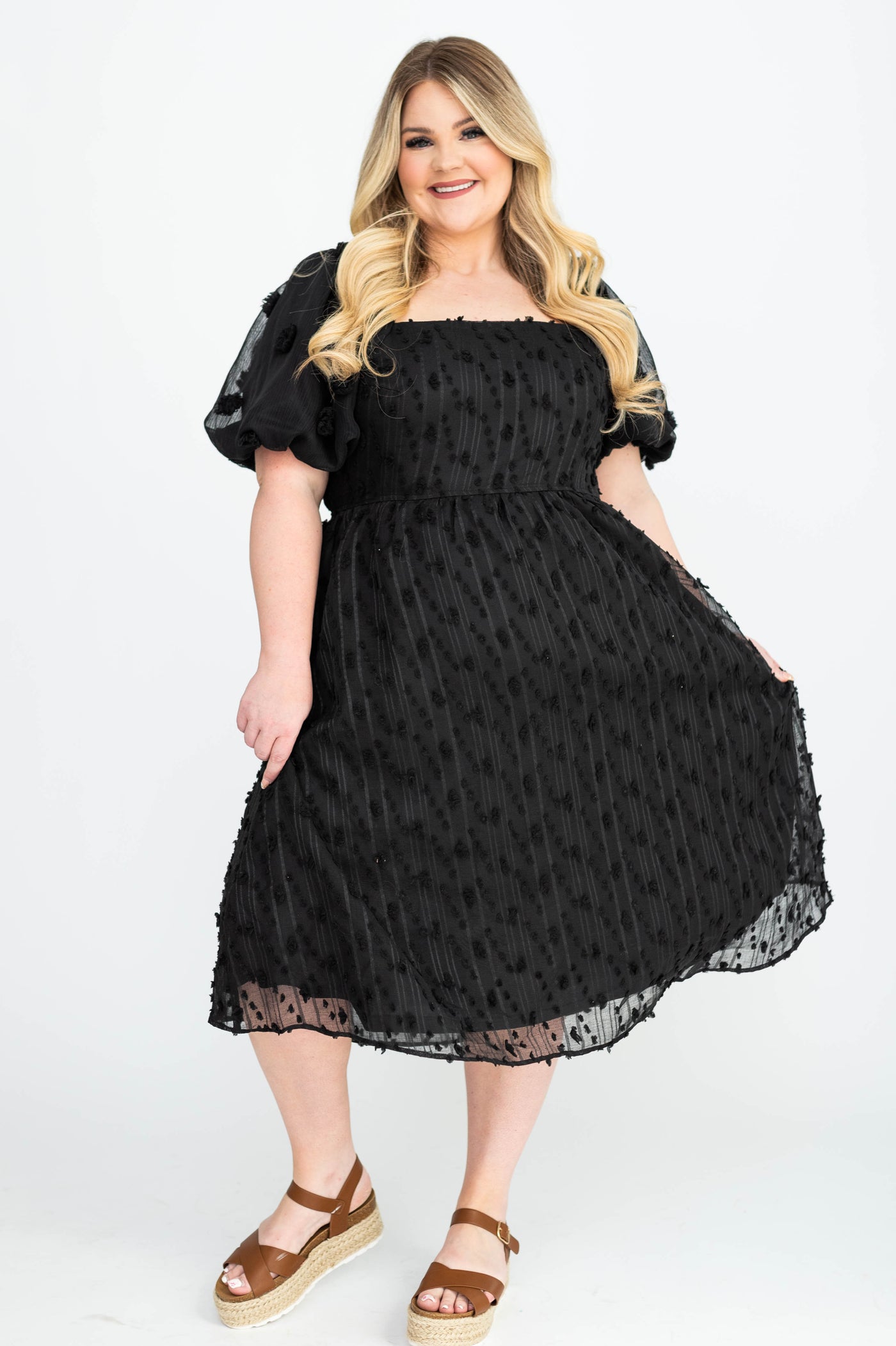 Short sleeve plus size black dress with square neck