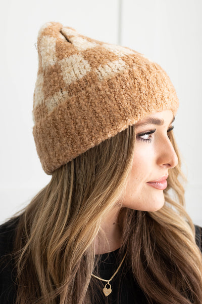 Sia Beige Checkered Beanie