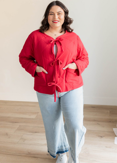 Plus size red quilted tie jacket with long sleeves