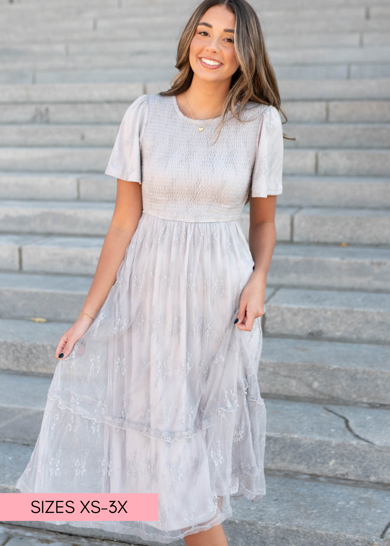 Short sleeve grey floral lace dress