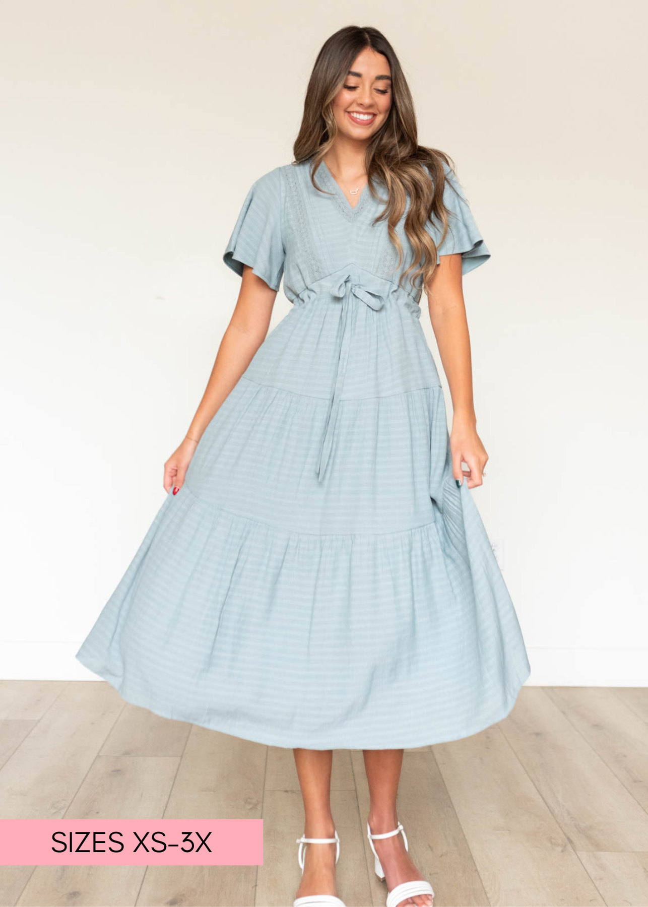 Emilee Dusty Blue Textured Tiered Dress