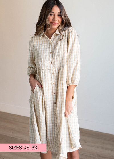 Cambree Taupe Gingham Button Down Dress