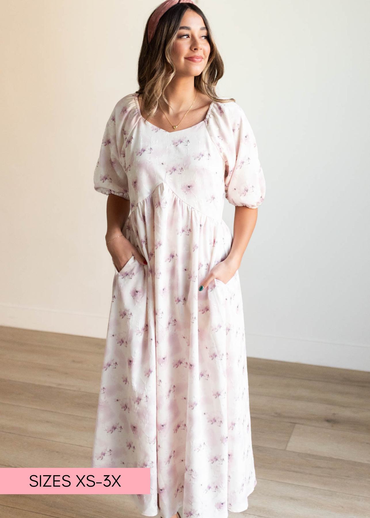 Short sleeve lavender blush floral dress with pockets