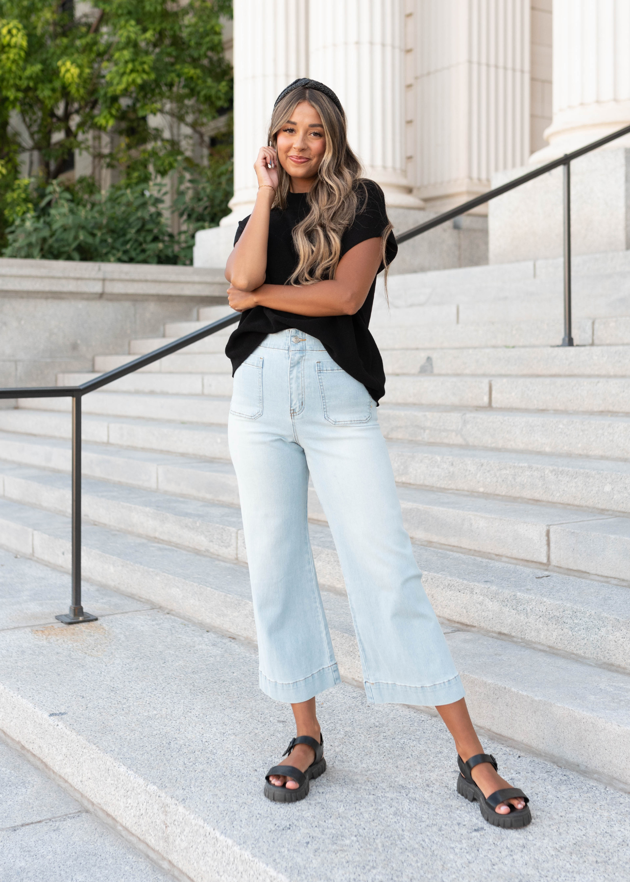 Light denim wide leg pants