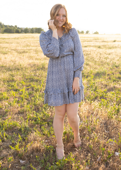 Long sleeve blue leopard dress