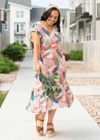 Short sleeve multi dress with v-neck