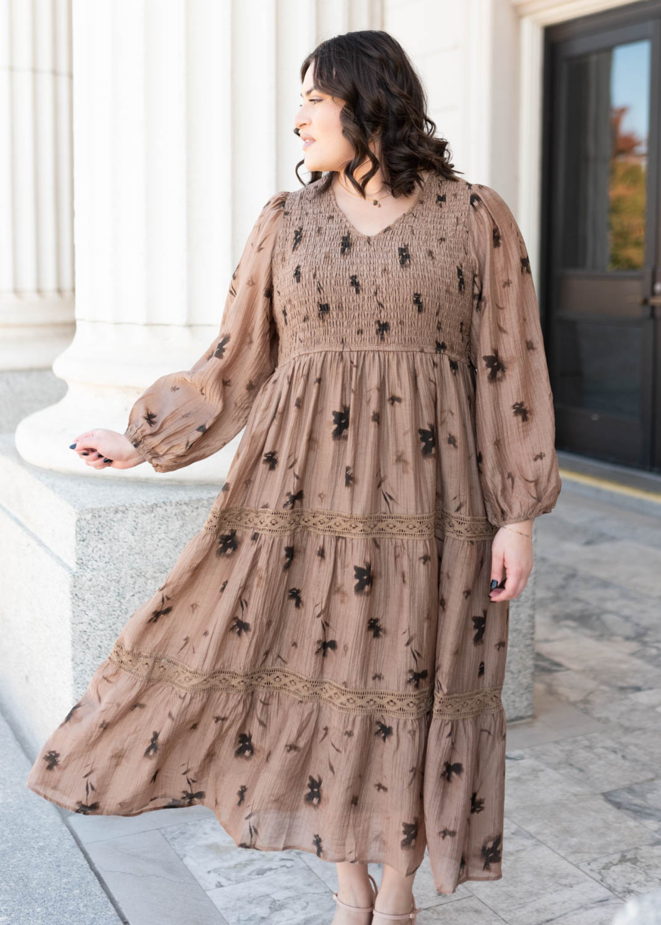 Plus size mocha floral tiered dress 