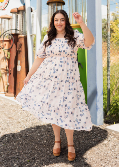 Plus size blue floral smocked dress