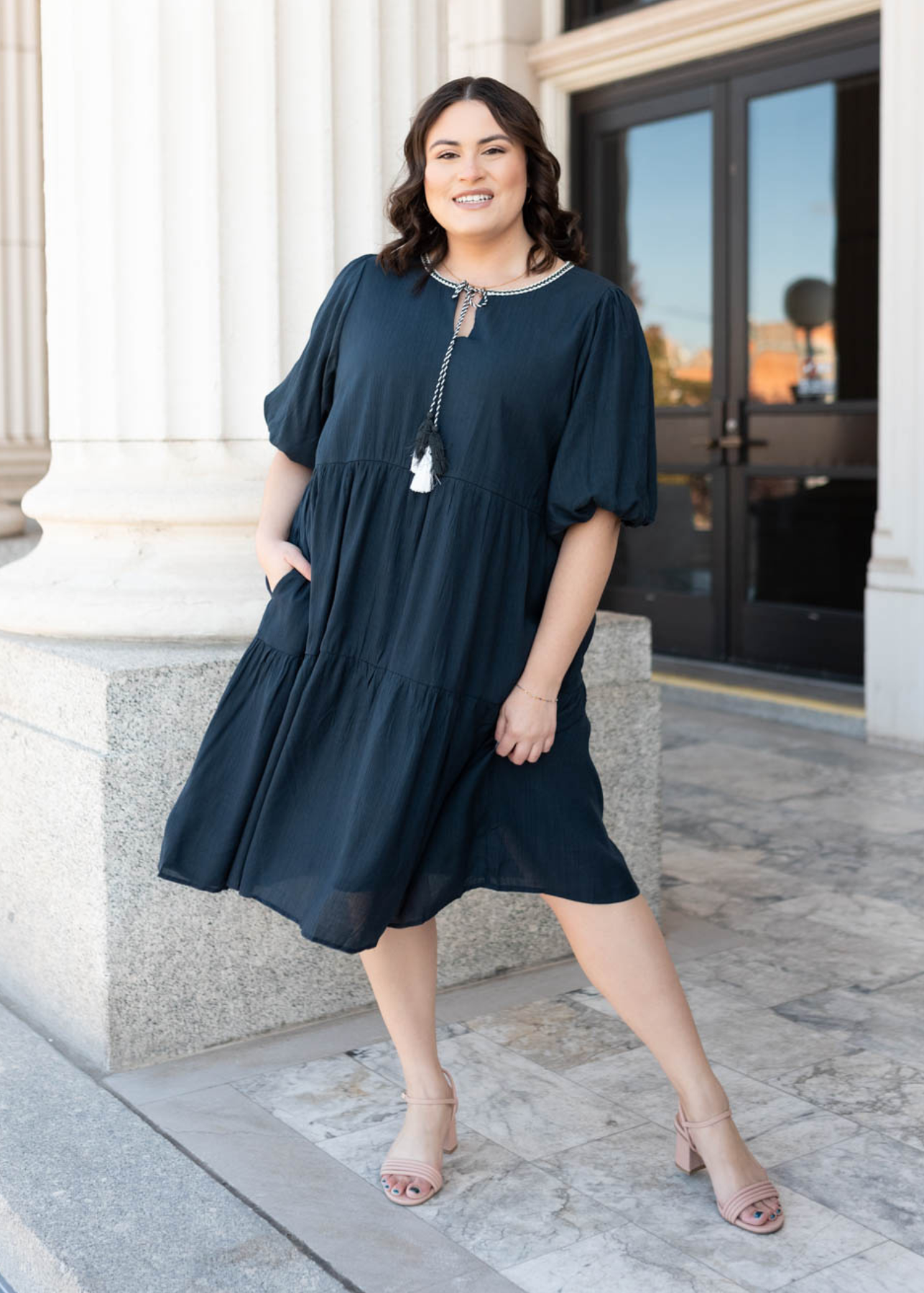 Short sleeve plus size navy tie dress