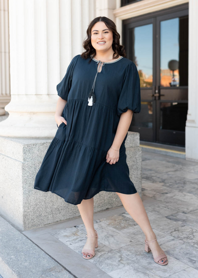 Short sleeve plus size navy tie dress