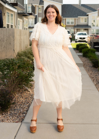 Short sleeve plus size cream sheer ruffle dress