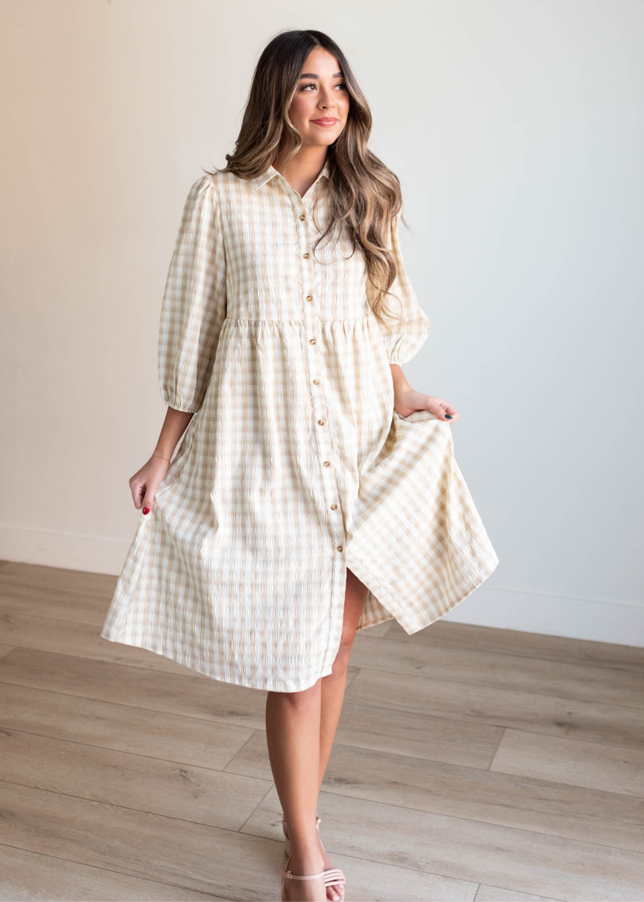 Cambree Taupe Gingham Button Down Dress