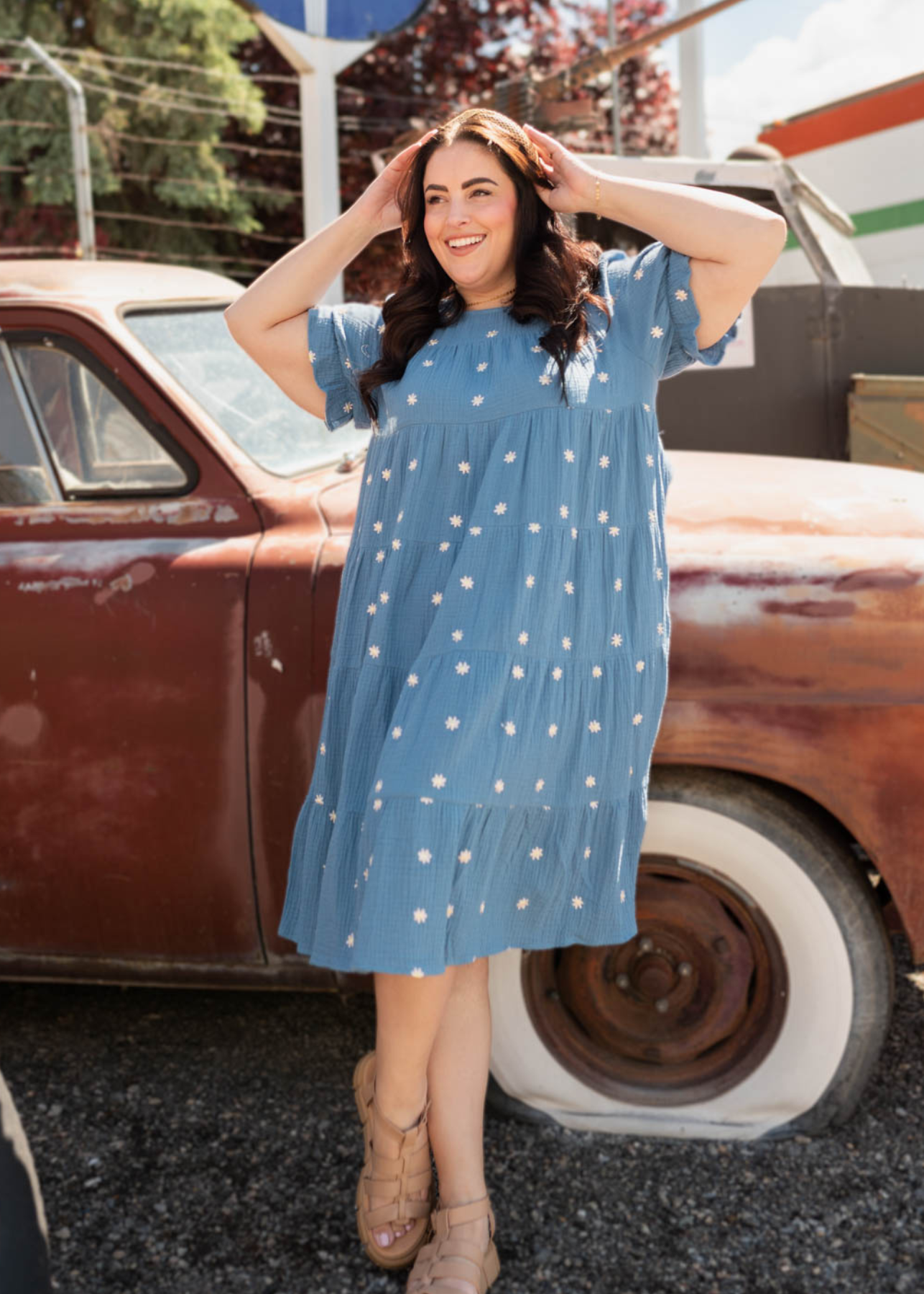 Short sleeve plus size blue floral dot dress