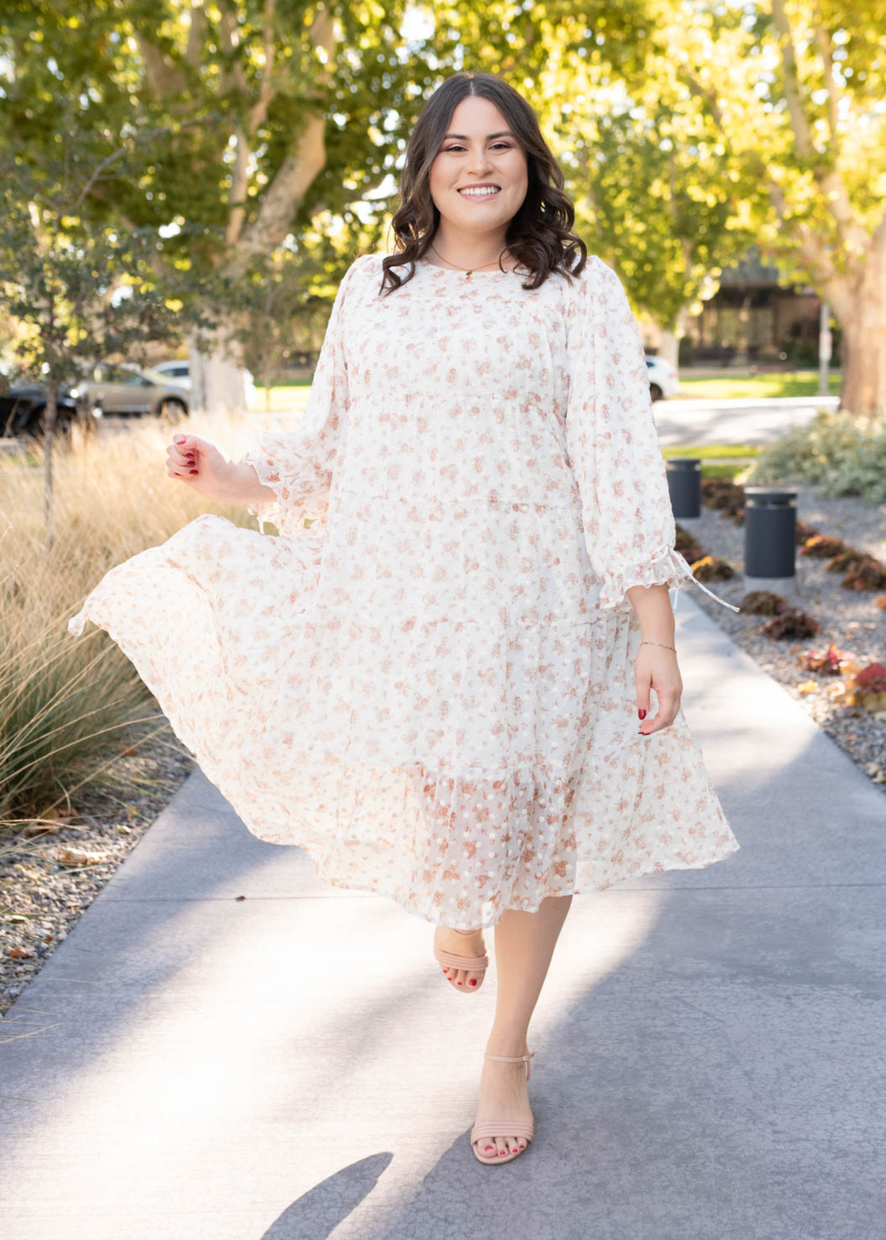 Long sleeve cream floral dot dress in plus size