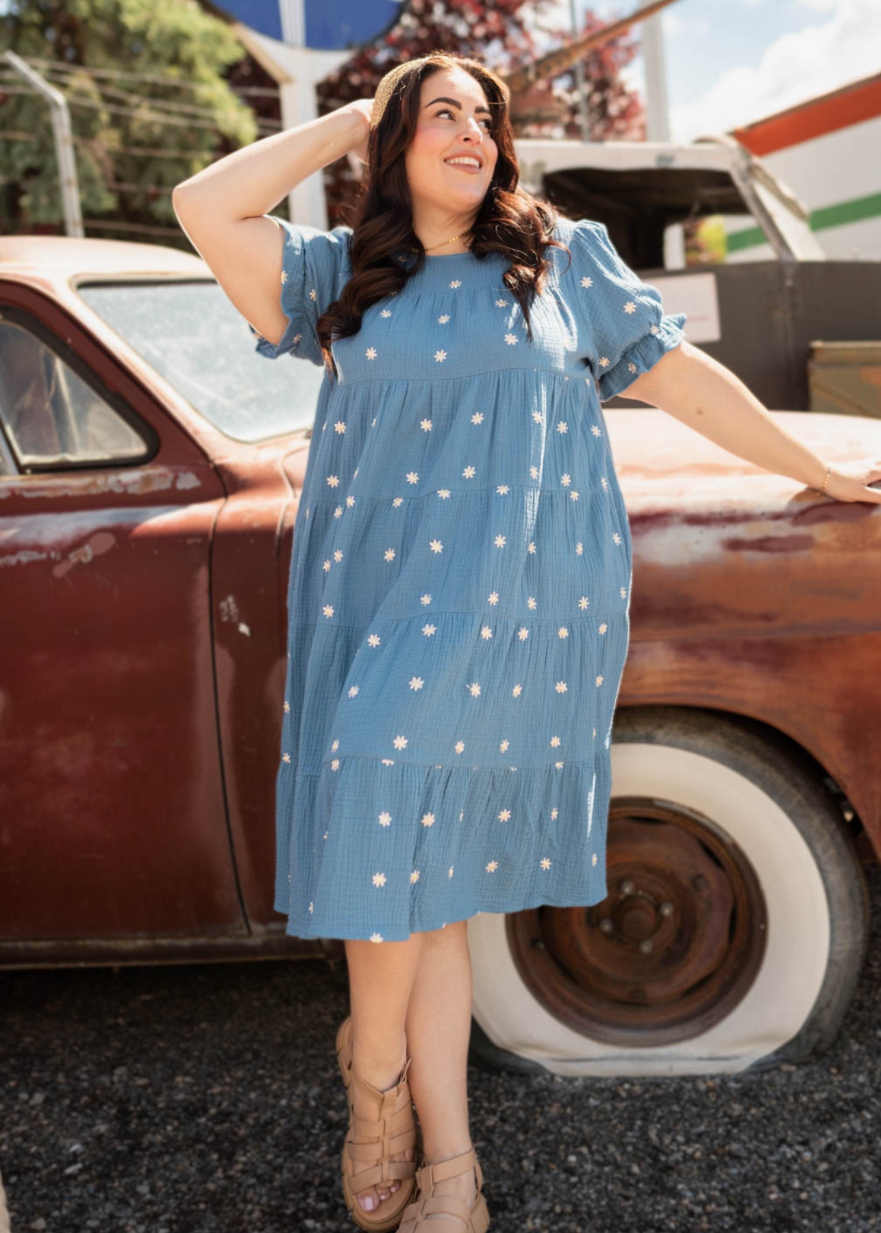 Plus size blue floral dot dress