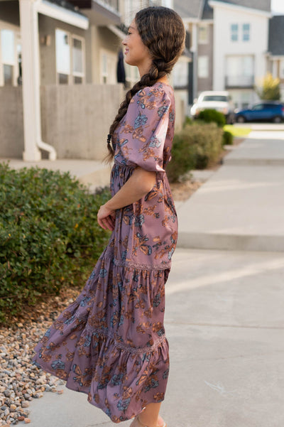 Side view of the plum floral tiered dress